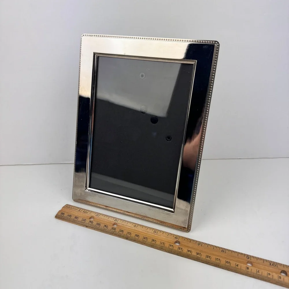 Vtg 5x7in Metal Silver Heavy Tabletop Wall Picture Photo Frame Beaded Edge READ